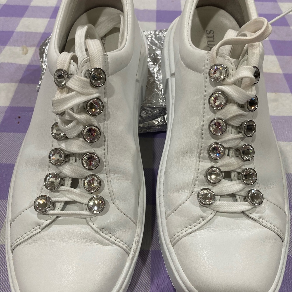Stuart Weitzman White Sneakers with Crystal Accents